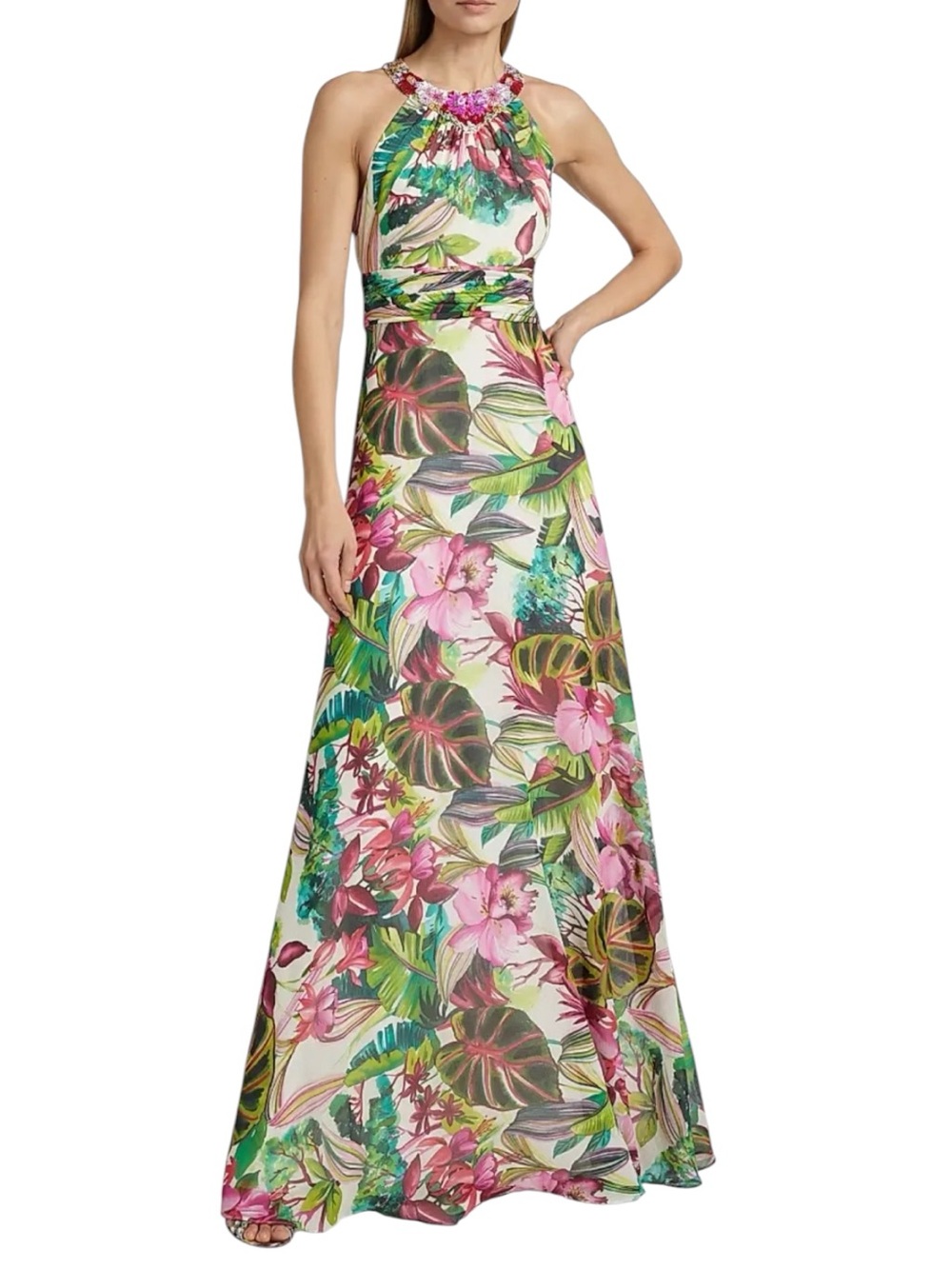 Teri Jon by Rickie Freeman Floral Chiffon Paillette Halter Embellished Gown NWT